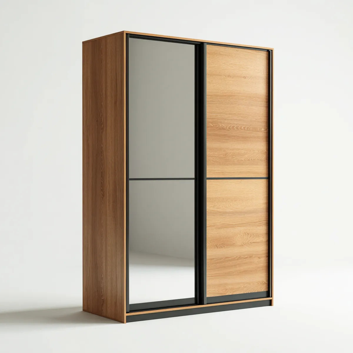 Armoire rectangulaire à portes coulissantes avec miroir chêne naturel noir 120 x 60 x 200 cm en panneaux de particules et verre