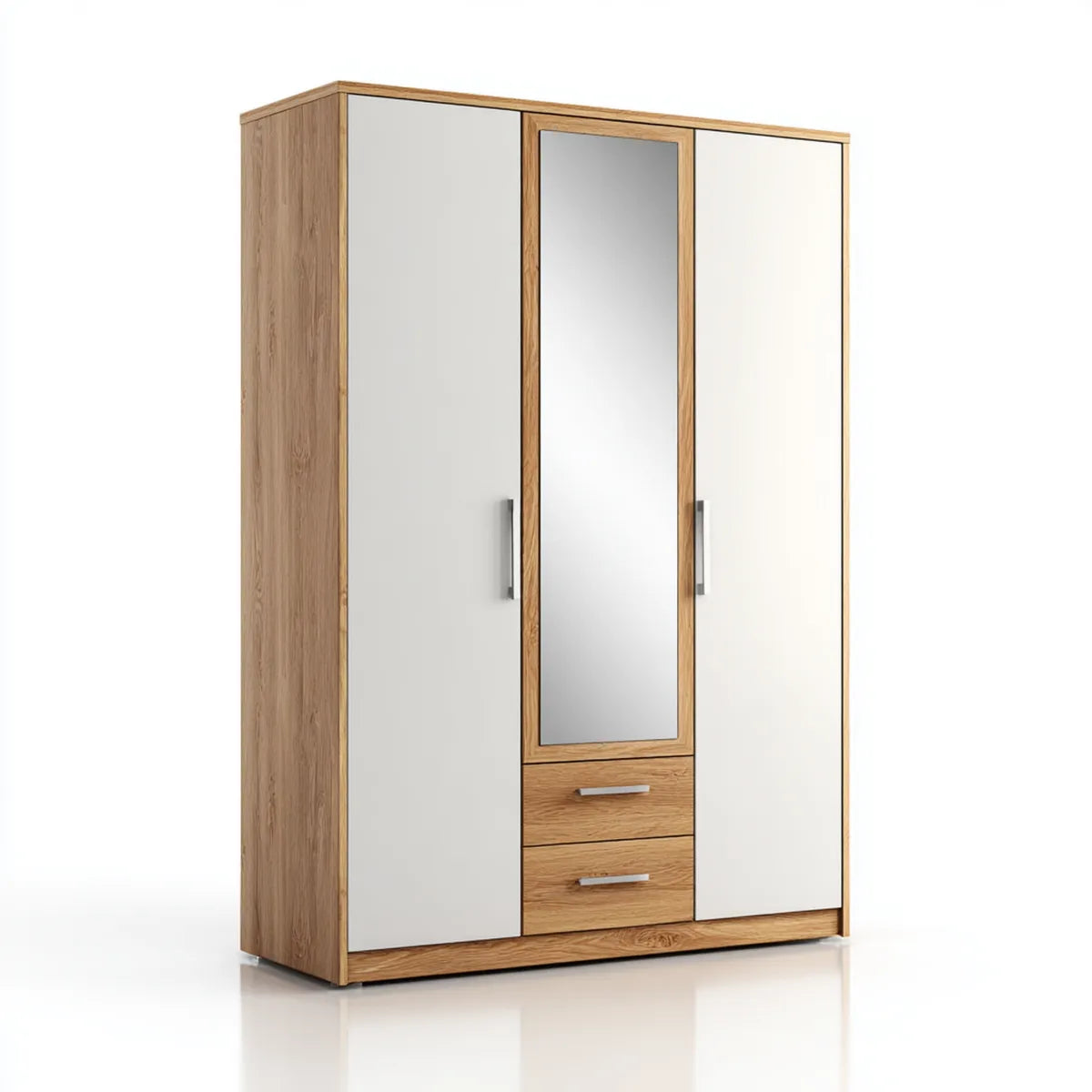 Armoire 3 portes avec miroir 2 tiroirs chêne clair blanc 120 x 52 x 200 cm panneaux de particules mélaminés rectangulaire