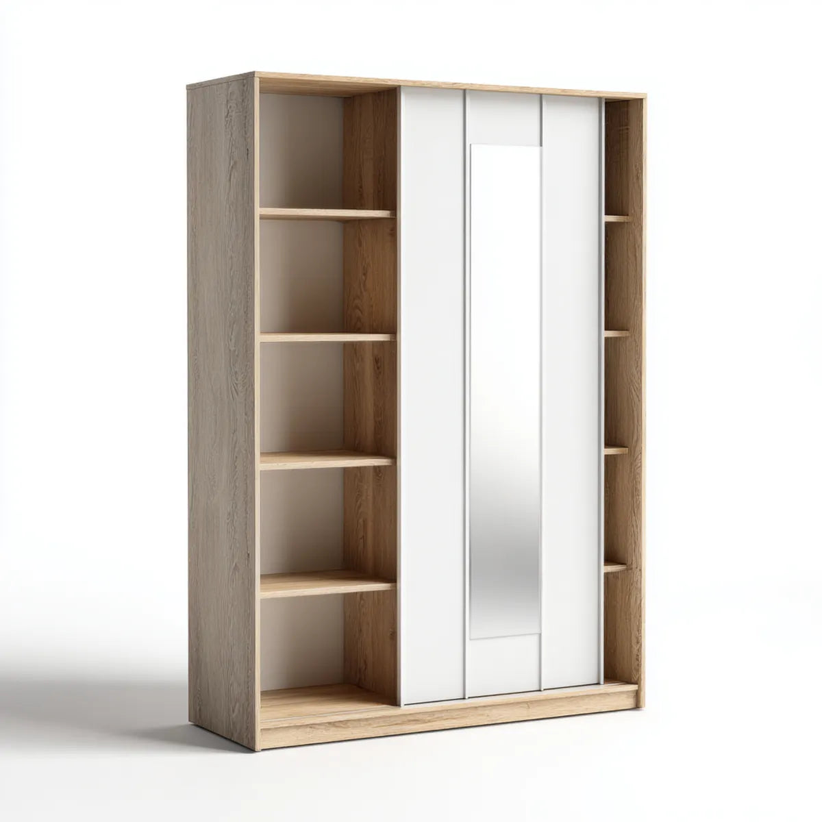Armoire de chambre coulissante blanc et chêne avec miroir 160 x 60 x 200 cm en panneaux de particules rectangulaire