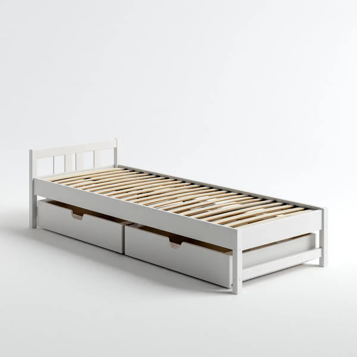 Lit simple avec 2 tiroirs blanc 90 x 190 cm en pin massif rectangulaire