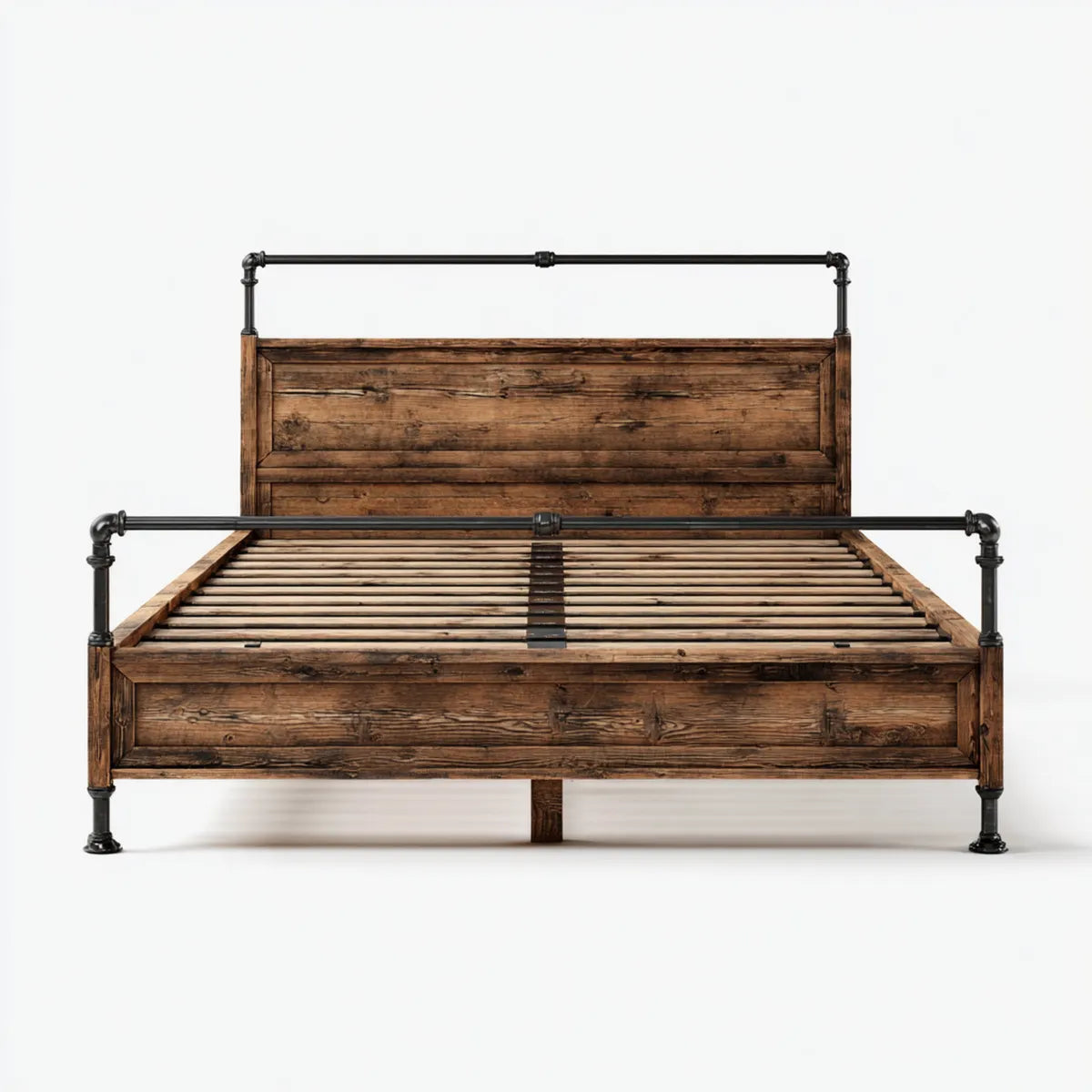 Cadre de lit double 160 x 200 cm marron et noir en pin massif et acier forme rectangulaire