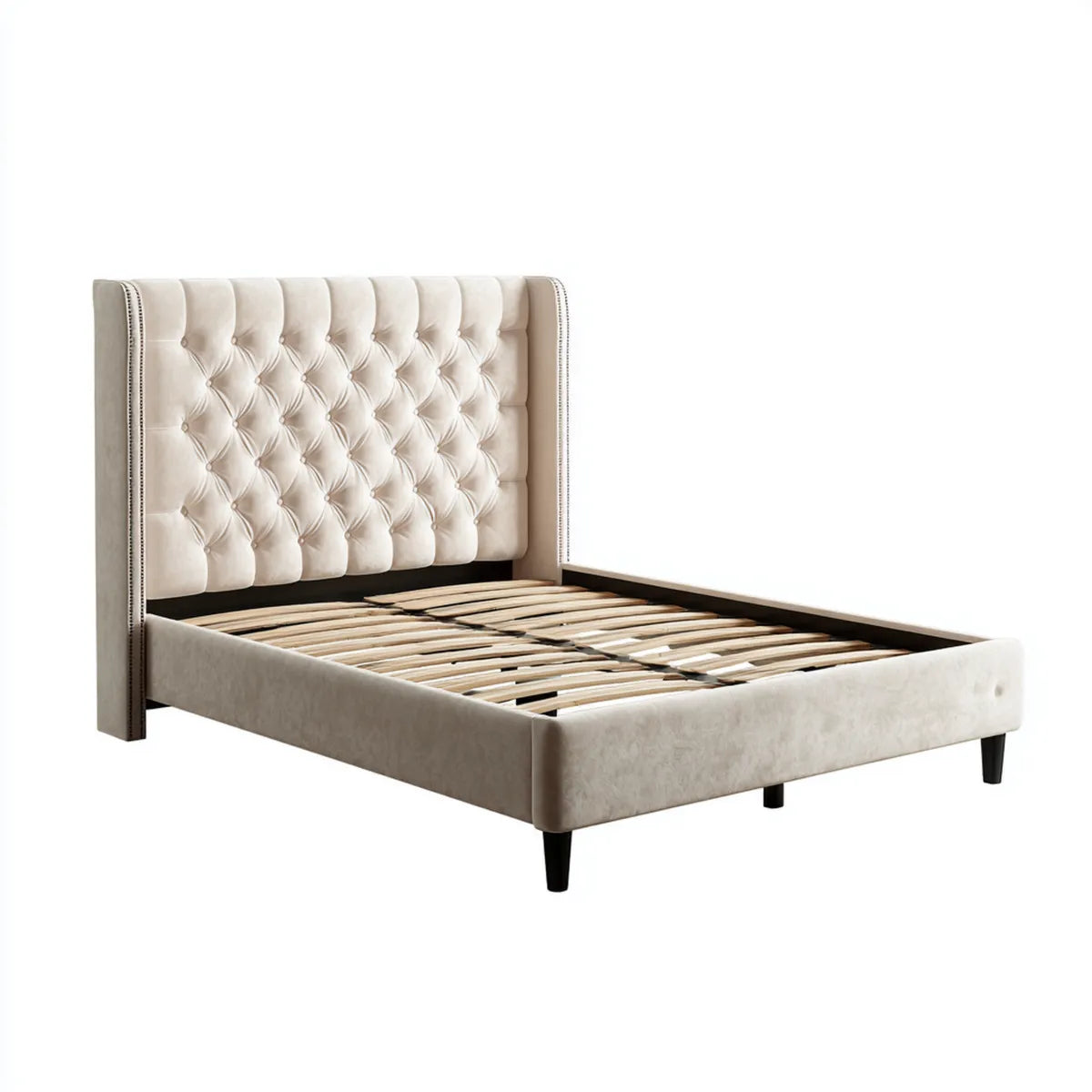 Lit double avec sommier à lattes beige 160 x 200 cm en velours de polyester capitonné rectangulaire