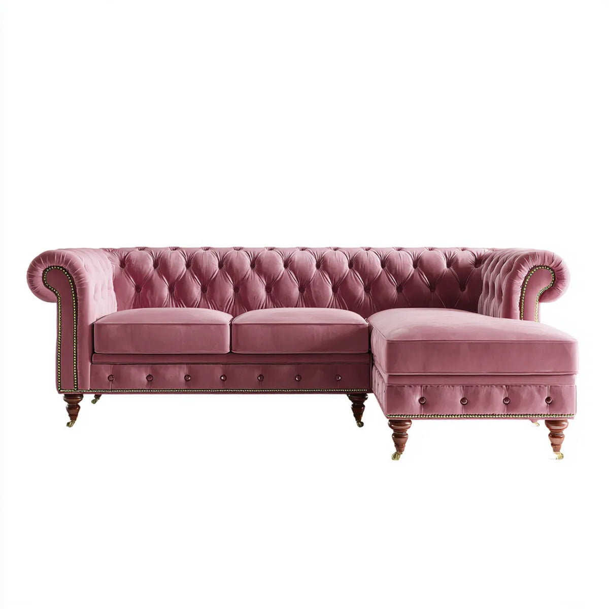 Canapé d'angle Chesterfield 3 places rose en polyester effet velours 285 x 165 x 78 cm
