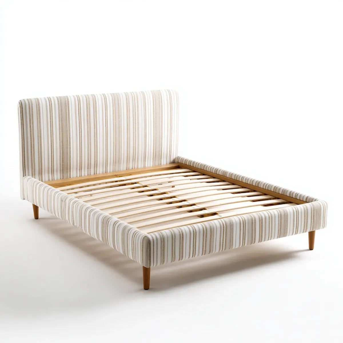 Cadre de lit double capitonné rayé beige et blanc 160 x 200 cm en polyester avec sommier à lattes