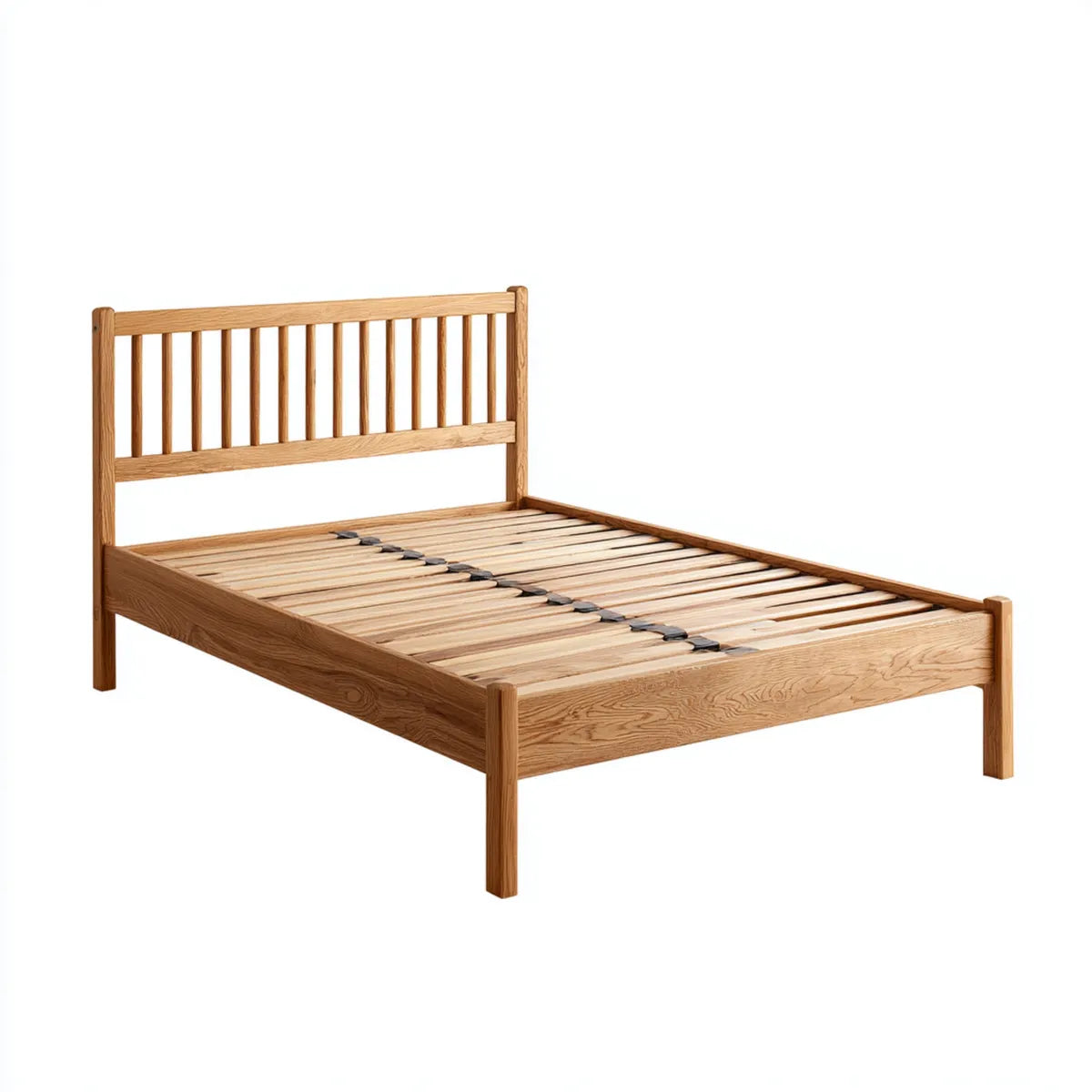 Lit double 140 x 190 cm en chêne massif naturel avec sommier à lattes et tête de lit ajourée