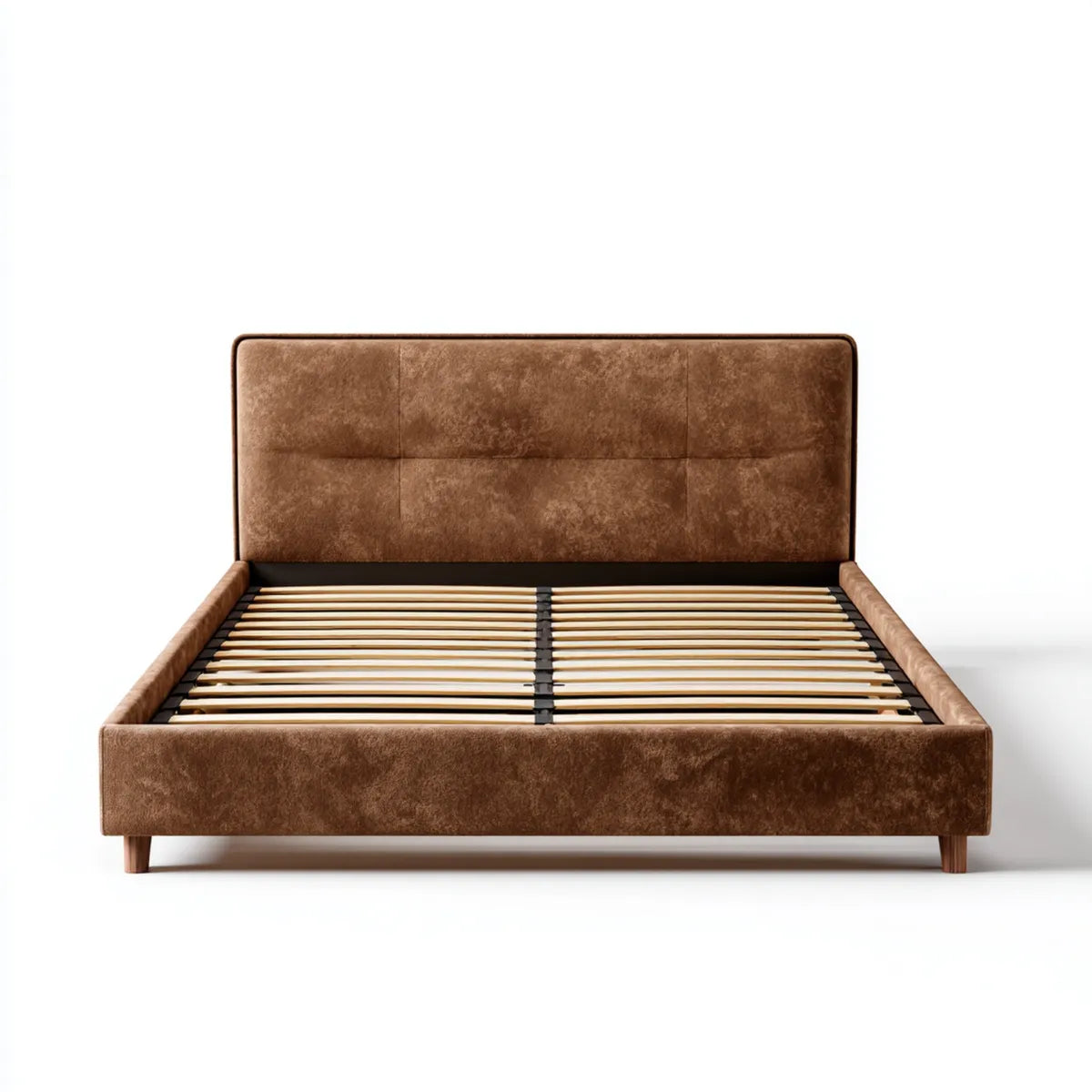 Lit double avec sommier à lattes marron 160 x 200 cm en cuir synthétique PU rectangulaire
